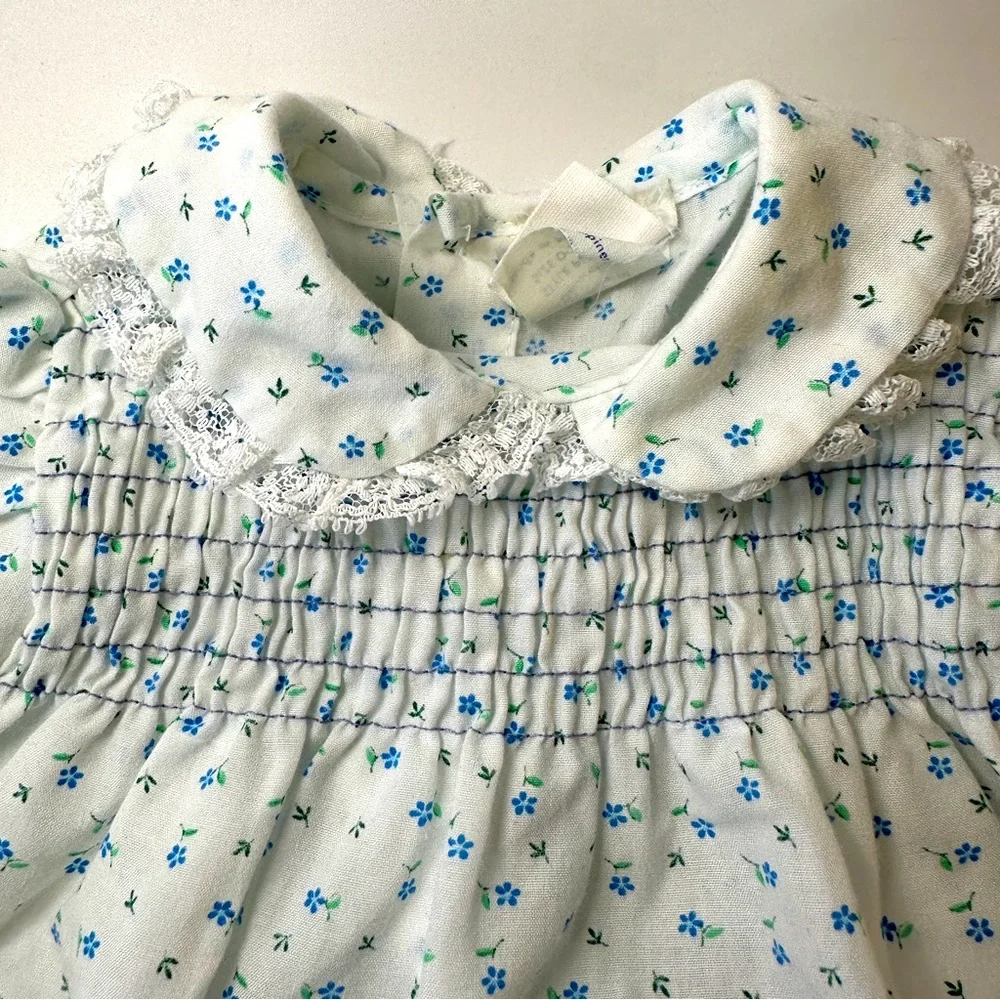 VTG Toddle Time by JcPenney Smocked‎ Dress Bloomer White w/ Blue Flowers 2pc set